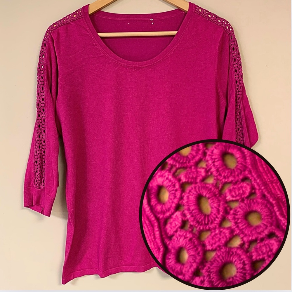 Pink Knit Shirt Women’s Large Fuchsia Embroidered Sleeve Top Soft Summer Elegant